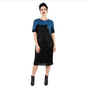 Stenay Vintage Stunning Black Blue Sequined Beaded Silk Sheath Midi Dress Size14